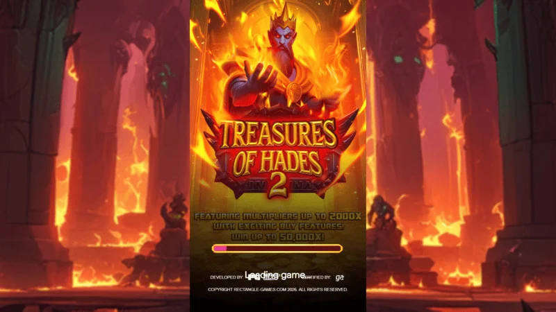 Treasures of Hades 2 — layar pemuatan slot Rectangle Games dalam pengaturan mitologi dunia bawah